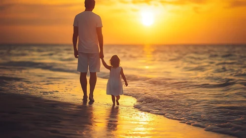 Golden Hour Walk: Father and Daughter by the Sea