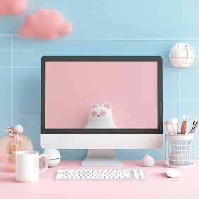 Organized Pastel-Themed Desk with Adorable Monitor Display