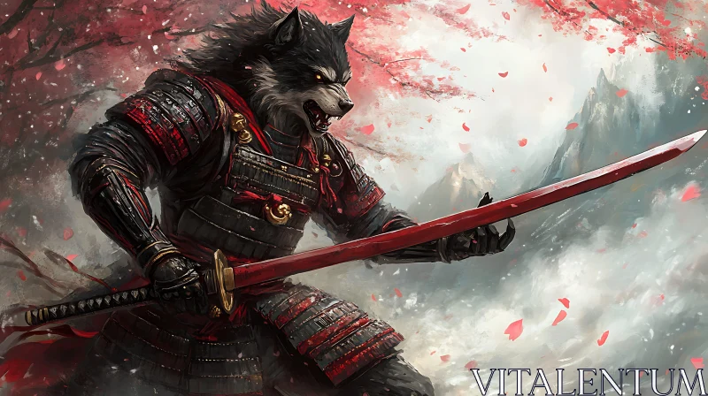 AI ART Samurai Wolf Warrior with Red Katana