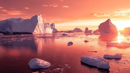 Sunset with Reflecting Icebergs in the Arctic