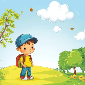 Child with Backpack Cartoon Art