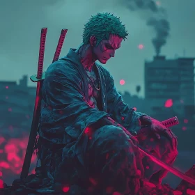 Pensive Anime Warrior with Neon Swords