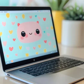 Cute Laptop Display with Heart-filled Background