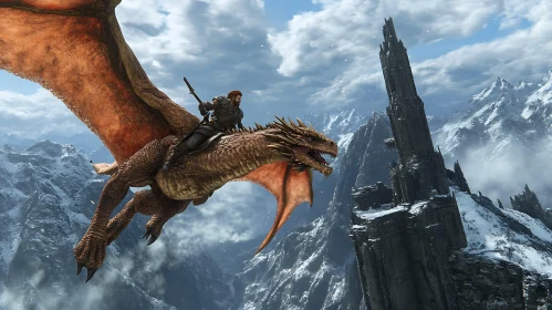 Warrior and Dragon Flight Through Mountains