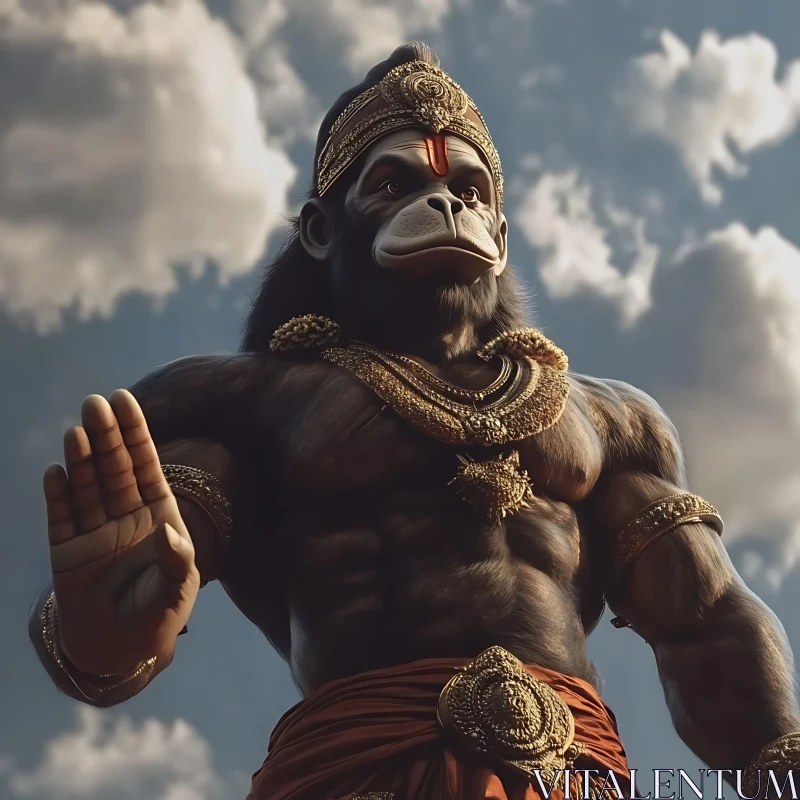 Golden Adorned Hanuman Against Cloudy Sky AI Image