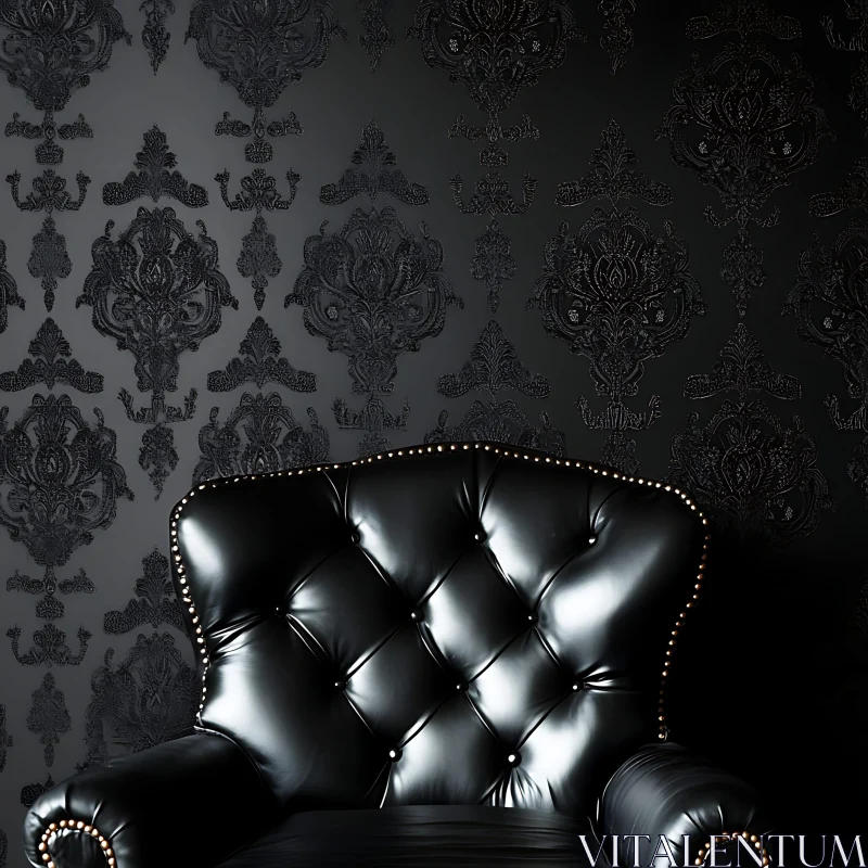 Luxurious Interior with Black Leather Chair and Ornate Wallpaper AI Image