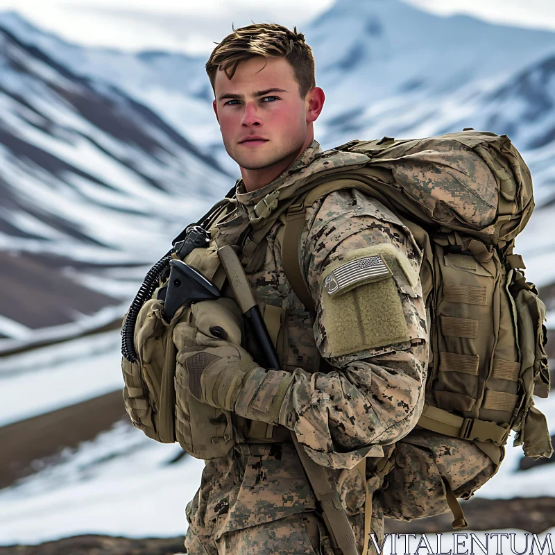 Man in Military Uniform, Mountain Scenery AI Image