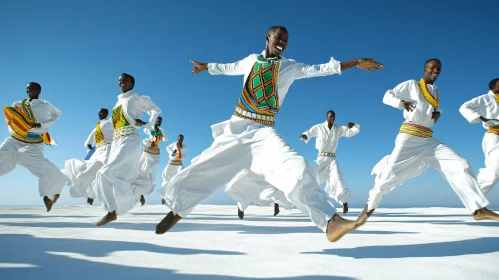 Men Dancing in White Against Blue Sky