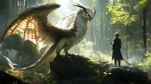 Fantasy Dragon and Human in Woods