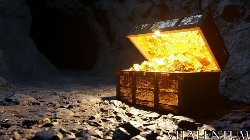 Enigmatic 3D Rendering of Glowing Gold Coin-Filled Treasure Chest in a Dark Cave AI Image