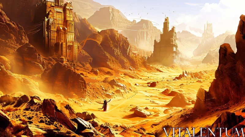 Enigmatic Fantasy Landscape Painting of a Desert with a Ruined City AI Image