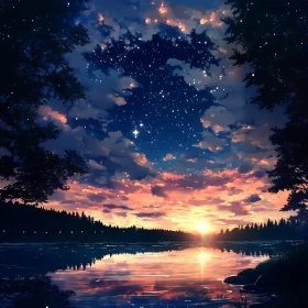 Tranquil Lake Sunset with Starry Sky
