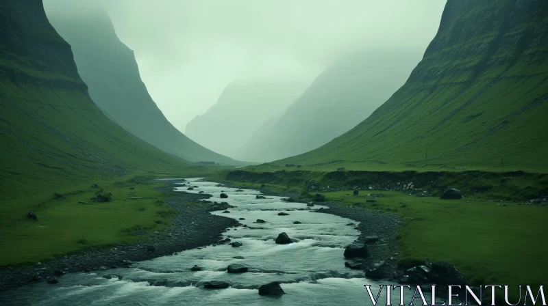 Foggy Mountain Stream - A Fantasy Landscape in Muted Tones AI Image