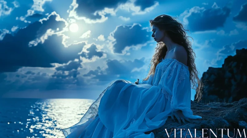 Moonlit Serenity: Captivating Woman in White Dress by the Sea AI Image