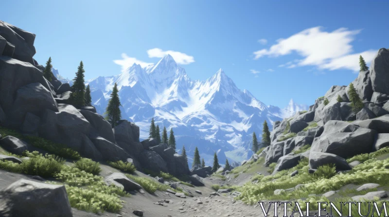 Snowy Mountain Path Framed by Pine Trees in Unreal Engine Style AI Image
