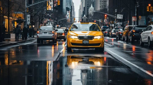 Yellow Taxi on a Wet Street in New York City: A Study in Silver and Orange