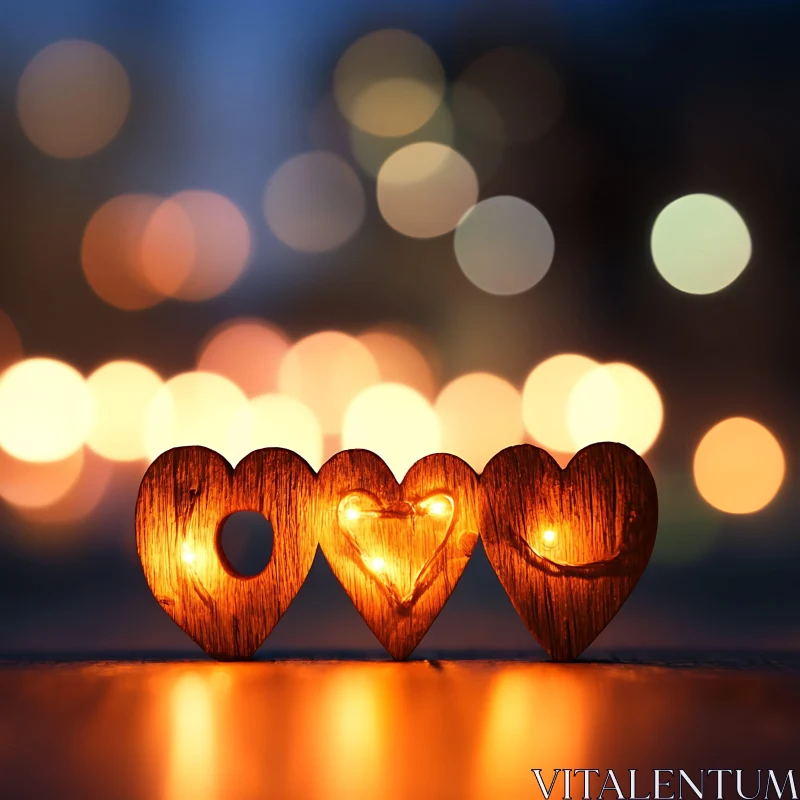 Glowing Hearts on Wooden Surface AI Image