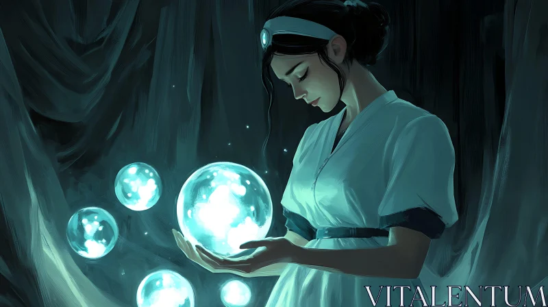 AI ART Enchanting Woman with Luminous Spheres