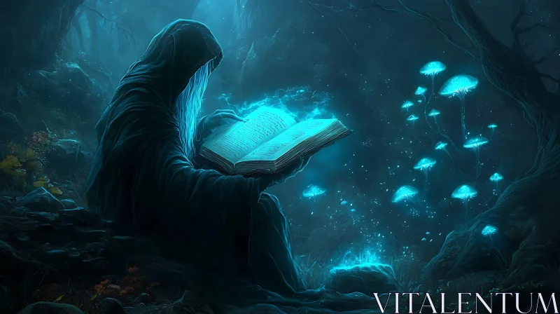 AI ART Mystical Glowing Book in Dark Forest