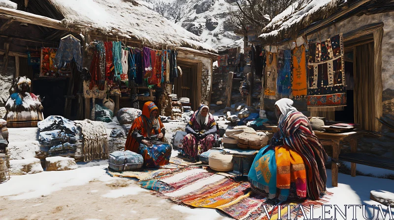 AI ART Women in Traditional Clothing at Snowy Market