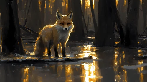 Golden Forest Fox Reflection