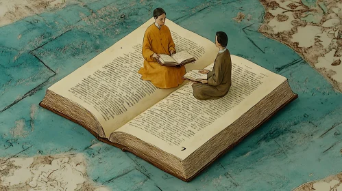 Figures Reading on a Giant Book