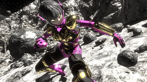 Futuristic Cyborg Warrior on Distant World