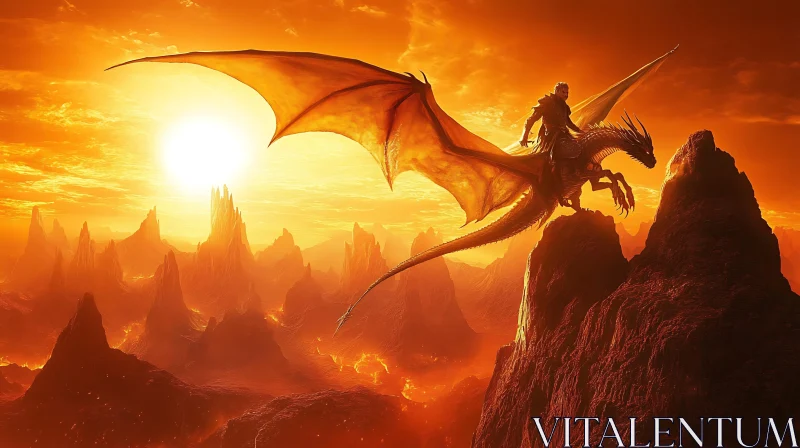 Warrior and Dragon Soaring at Sunset AI Image