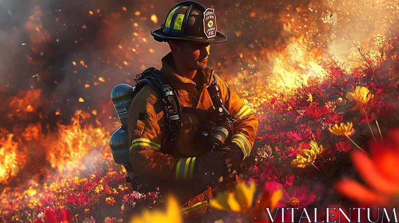 Firefighter Amidst Blaze in Floral Landscape AI Image