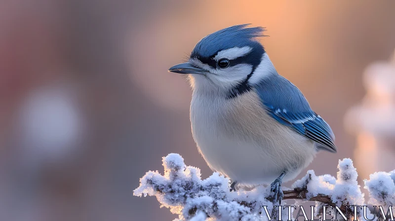 Winter Blue Jay Perched in Snow AI Image