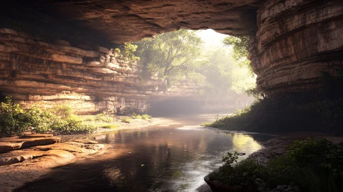 Peaceful Cave Opening with Sunlit Stream