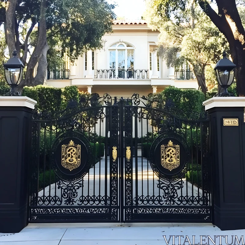 Opulent Estate Entrance with Wrought-Iron Gates AI Image