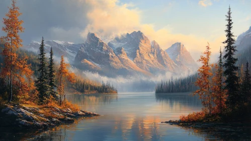 Mountain Lake at Sunrise in Autumn