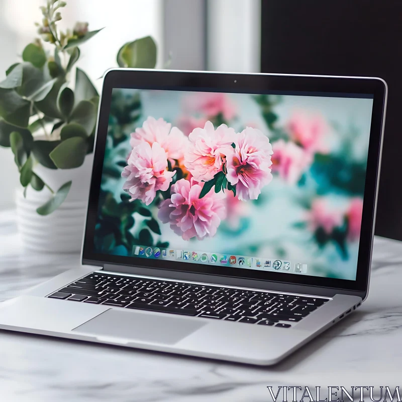 Laptop with Pink Flower Background AI Image