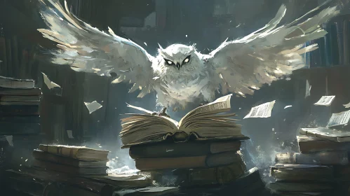 Mystical Owl Above Books