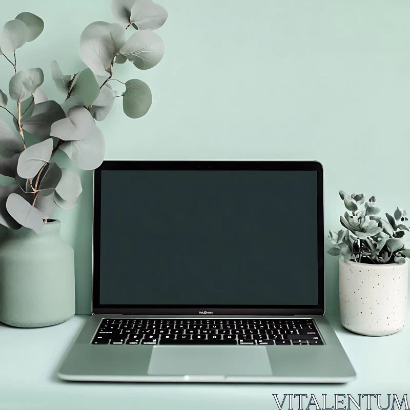 Modern Workspace Design with Laptop and Green Plants AI Image