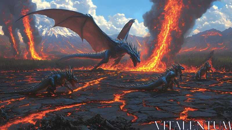 AI ART Dragon Family in Volcanic Eruption