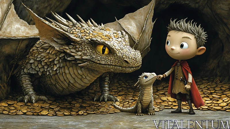 AI ART Fantasy Friends: Boy, Dragon, and Gold