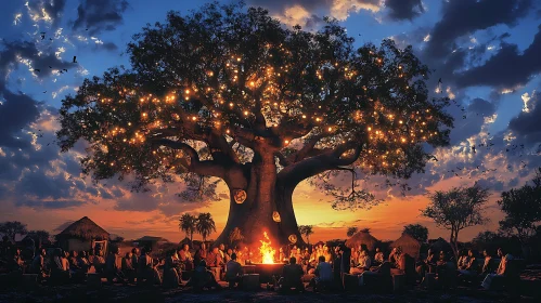 Bonfire Under the Lights at Dusk