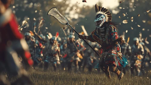 Lacrosse Player in Traditional Headdress