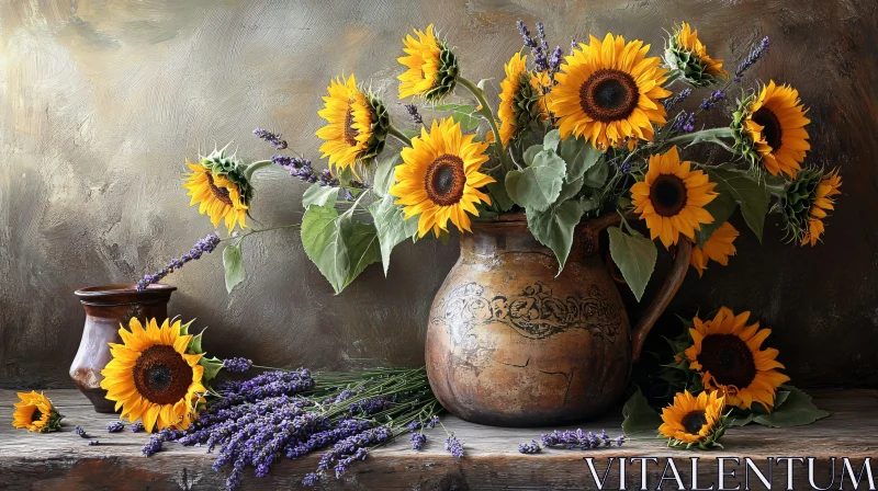 AI ART Sunflowers and Lavender in a Ceramic Jug