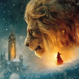 Majestic Lion Overlooking Winter Kingdom