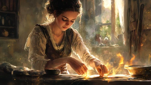 Woman Alchemist Working Magic Art