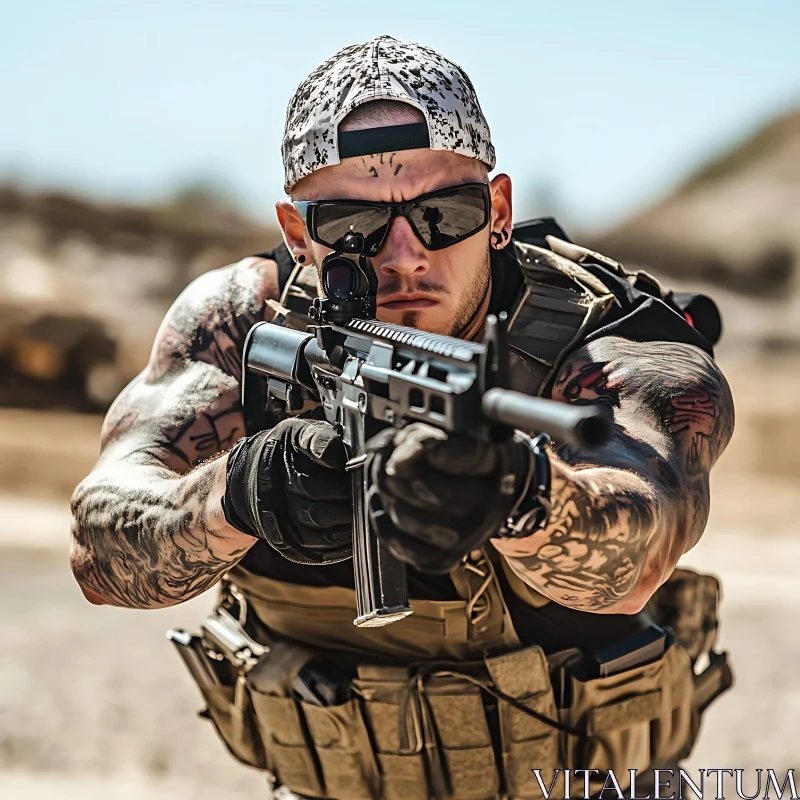 AI ART Tattooed Soldier Aiming Assault Rifle