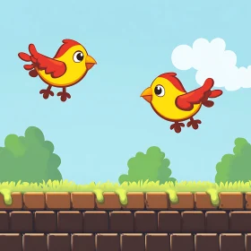 Cartoon Birds Over Brick Ground