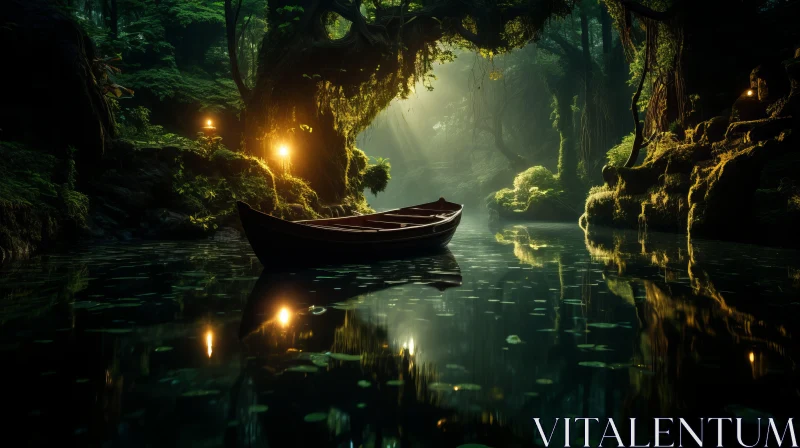 Captivating and Mysterious Forest Art: Illuminated Boat in Exotic Fantasy Landscape AI Image