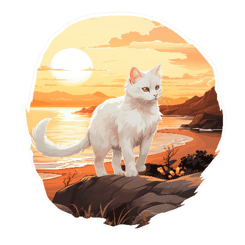 Cartoon Cat by the Orange Sea - Sunset View POD Design