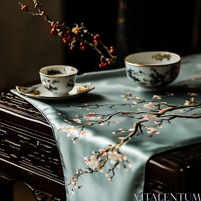 Still Life with Tea and Blossoms AI Image