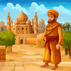 Historical Figure in Middle Eastern Cityscape