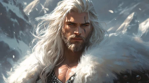 Man with White Hair in Snowy Landscape